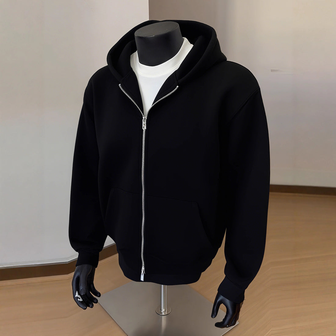 Mens Solid-Color Cardigan Hoodie With Double-Zipper Closure